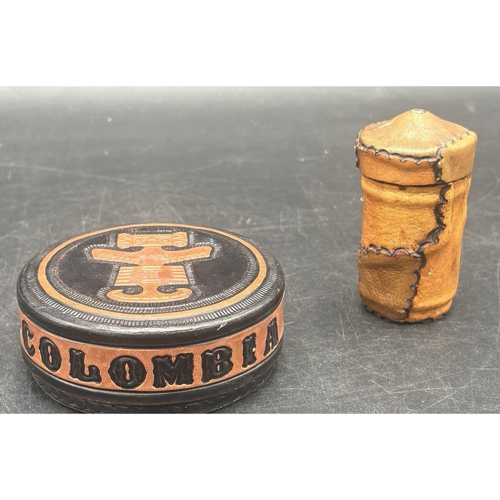 Vtg Hand Tooled Leather Trinket Box & Stitched Toothpick Holder Colombia